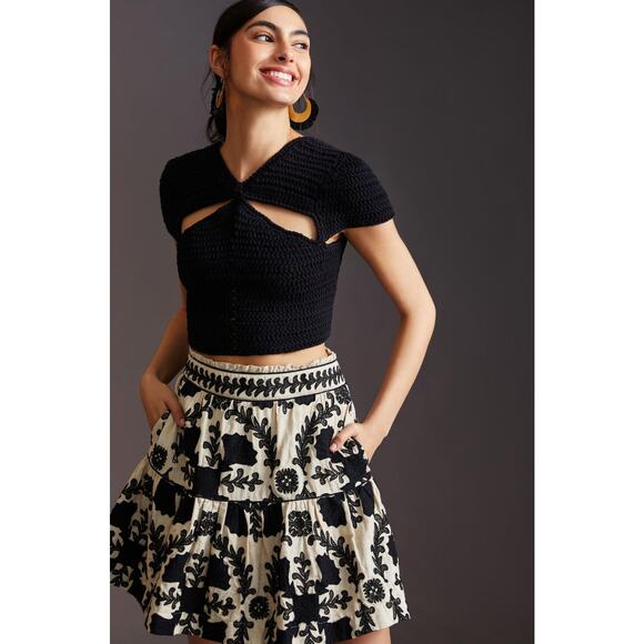ANTHROPOLOGIE A-Line Flounce Mini Skirt Emobroidered Floral Black Tan Women's S - Picture 8 of 16